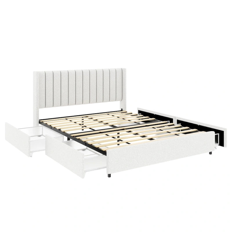 Queen Size Boucle Upholstered Platform Bed with Vertical Tufted Headboard and Storage Drawers in Ivory