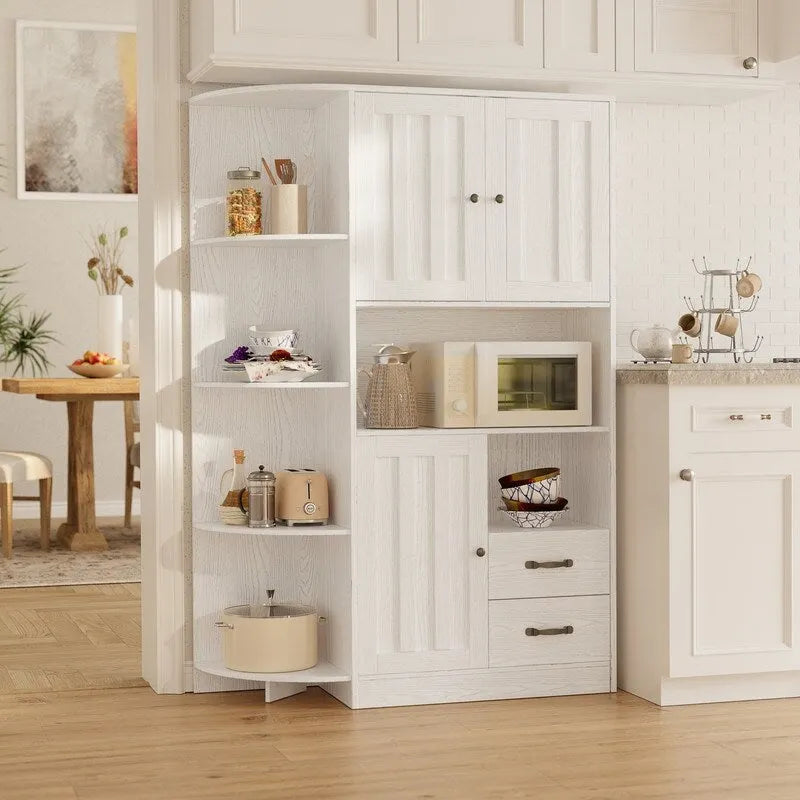 Farmhouse Kitchen Storage Cabinet with Open Shelves Microwave Counter Cabinets and Drawers