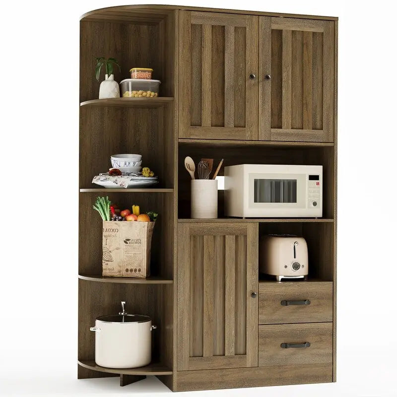 Farmhouse Kitchen Storage Cabinet with Open Shelves Microwave Counter Cabinets and Drawers
