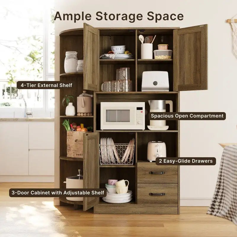Farmhouse Kitchen Storage Cabinet with Open Shelves Microwave Counter Cabinets and Drawers
