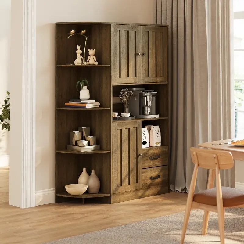 Farmhouse Kitchen Storage Cabinet with Open Shelves Microwave Counter Cabinets and Drawers