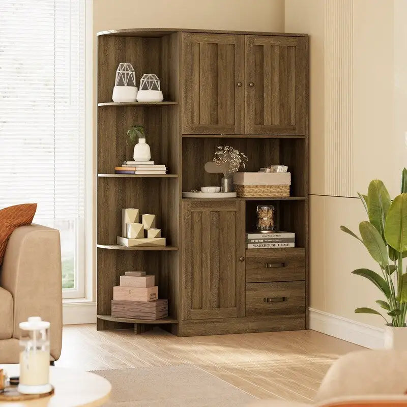 Farmhouse Kitchen Storage Cabinet with Open Shelves Microwave Counter Cabinets and Drawers