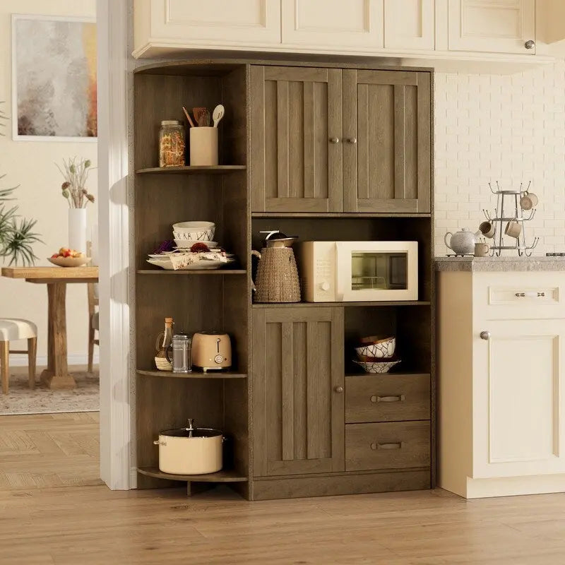 Farmhouse Kitchen Storage Cabinet with Open Shelves Microwave Counter Cabinets and Drawers