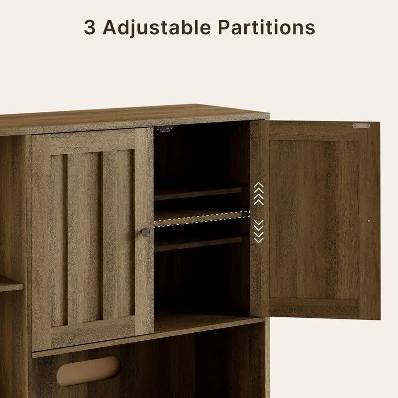Farmhouse Kitchen Storage Cabinet with Open Shelves Microwave Counter Cabinets and Drawers