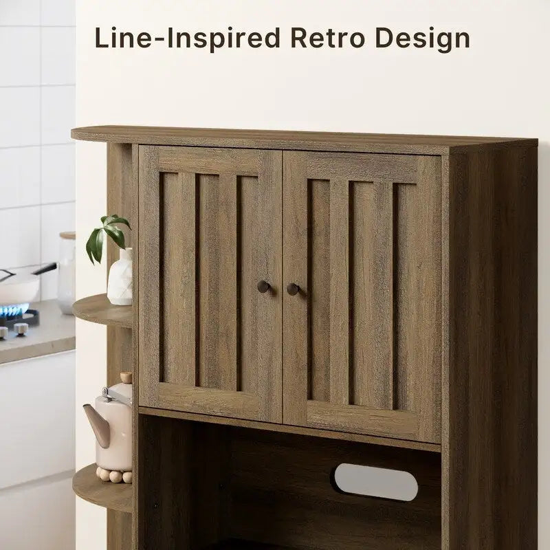 Farmhouse Kitchen Storage Cabinet with Open Shelves Microwave Counter Cabinets and Drawers