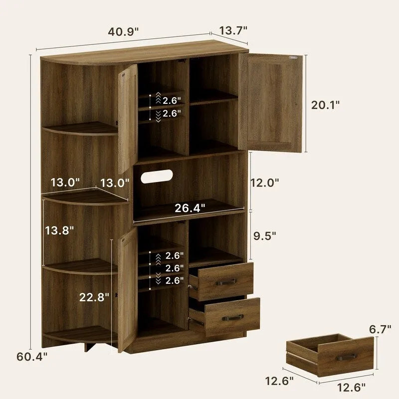 Farmhouse Kitchen Storage Cabinet with Open Shelves Microwave Counter Cabinets and Drawers