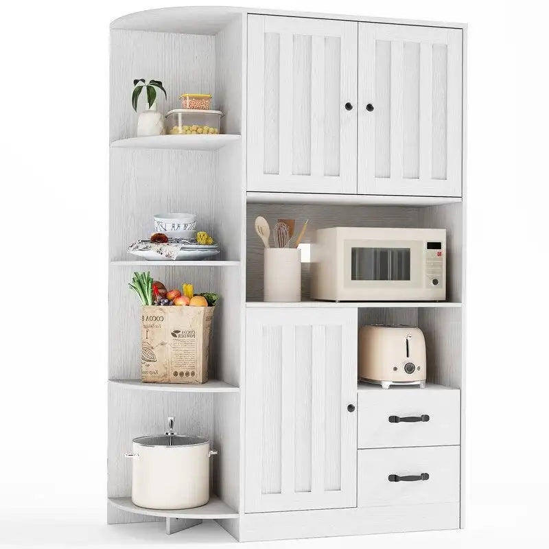Farmhouse Kitchen Storage Cabinet with Open Shelves Microwave Counter Cabinets and Drawers