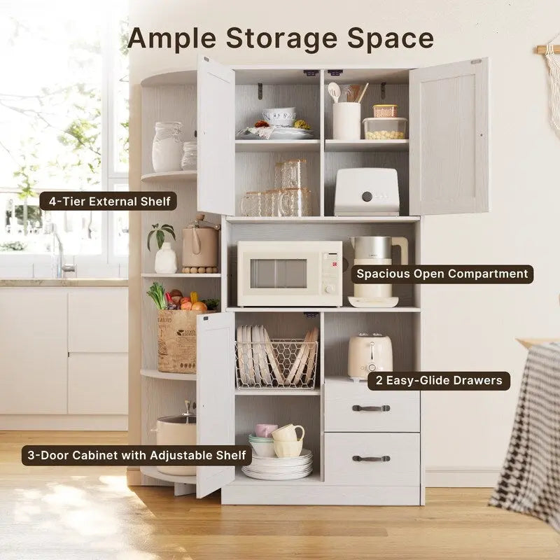 Farmhouse Kitchen Storage Cabinet with Open Shelves Microwave Counter Cabinets and Drawers