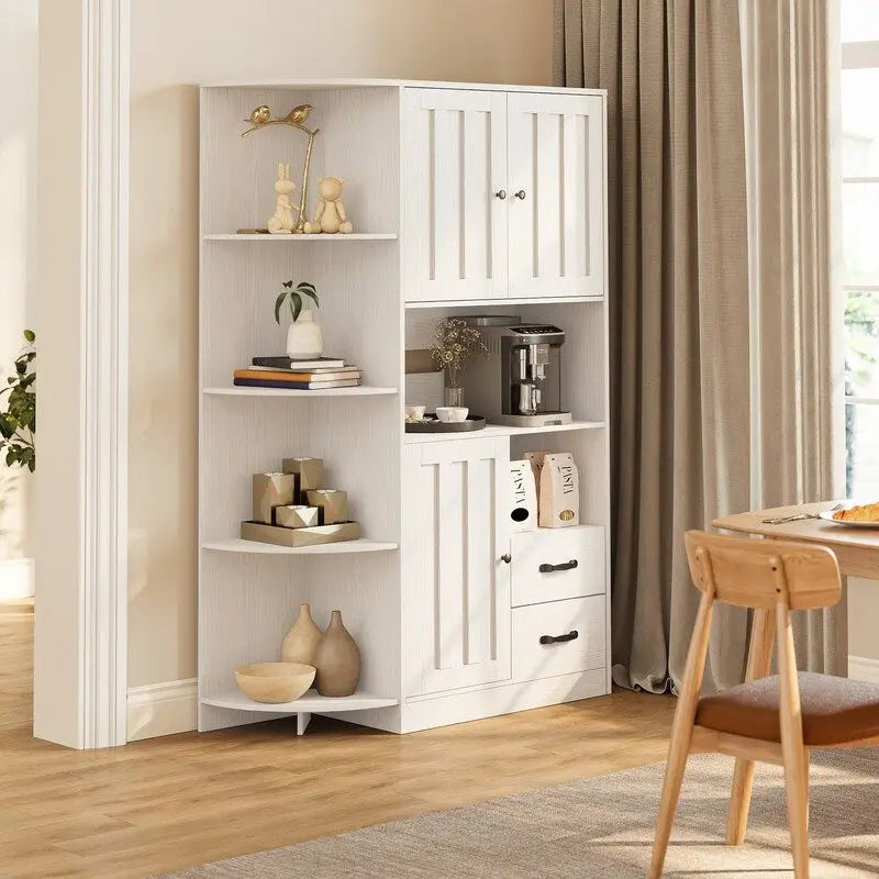 Farmhouse Kitchen Storage Cabinet with Open Shelves Microwave Counter Cabinets and Drawers