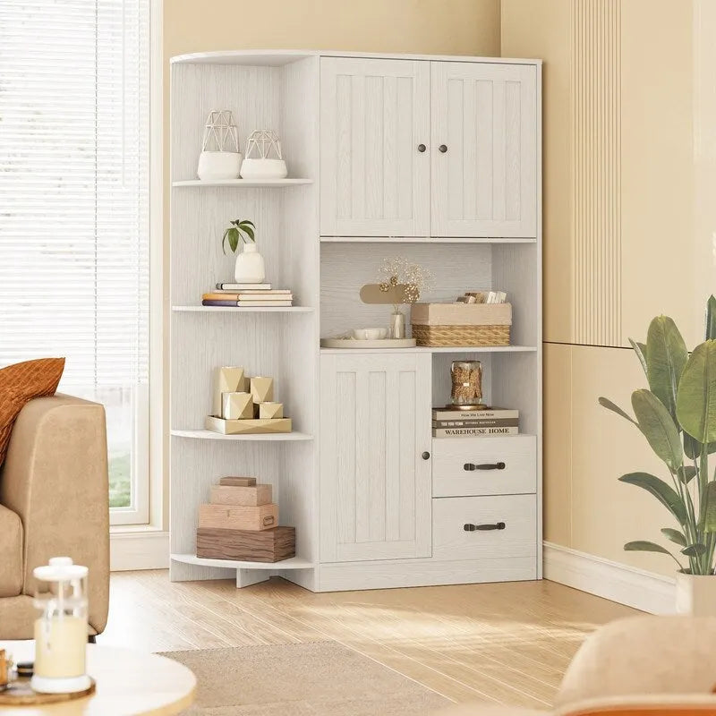 Farmhouse Kitchen Storage Cabinet with Open Shelves Microwave Counter Cabinets and Drawers