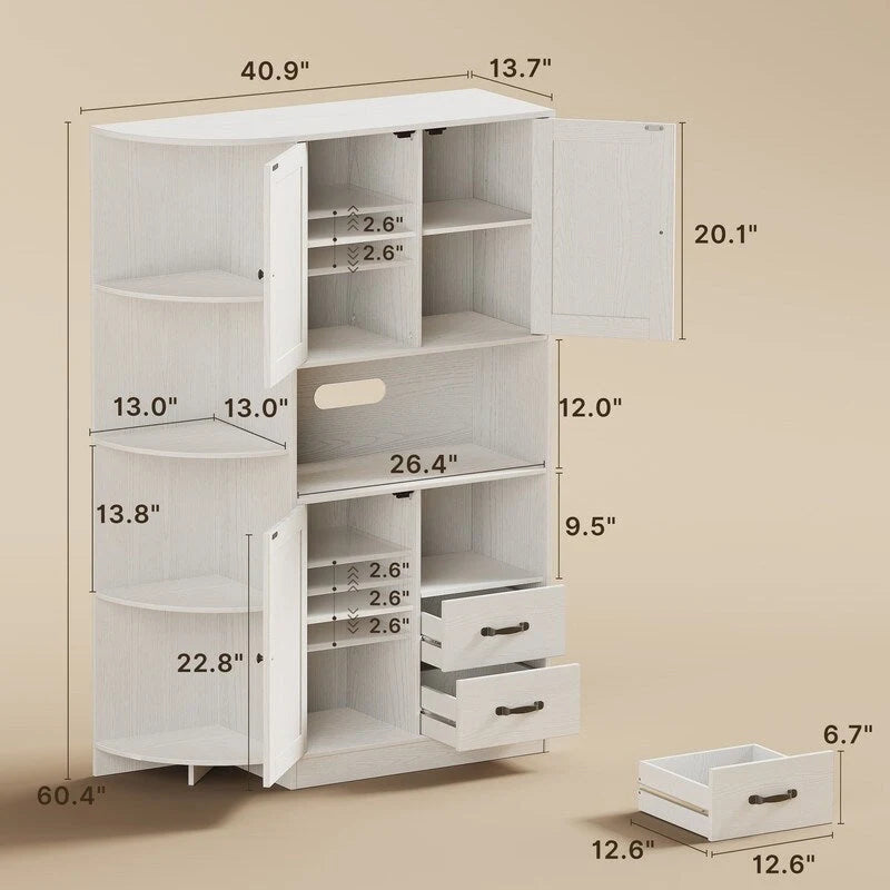 Farmhouse Kitchen Storage Cabinet with Open Shelves Microwave Counter Cabinets and Drawers