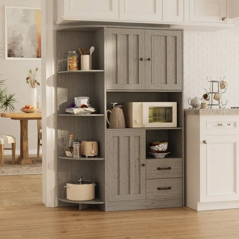Farmhouse Kitchen Storage Cabinet with Open Shelves Microwave Counter Cabinets and Drawers
