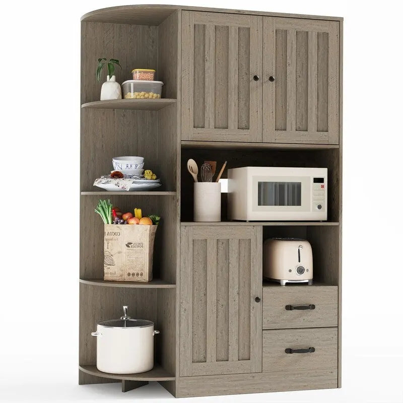 Farmhouse Kitchen Storage Cabinet with Open Shelves Microwave Counter Cabinets and Drawers