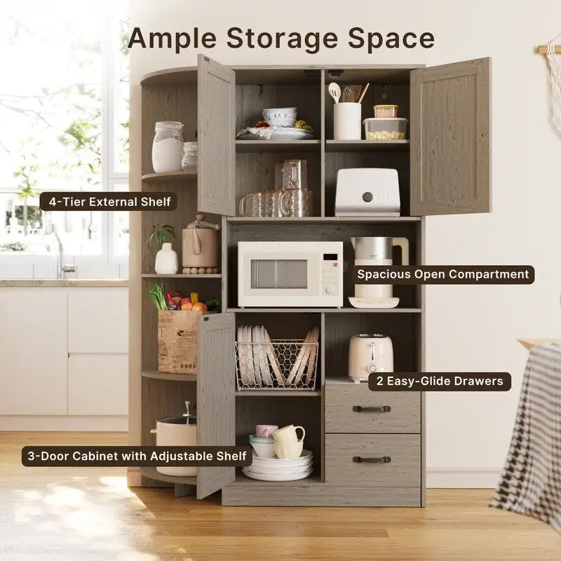 Farmhouse Kitchen Storage Cabinet with Open Shelves Microwave Counter Cabinets and Drawers