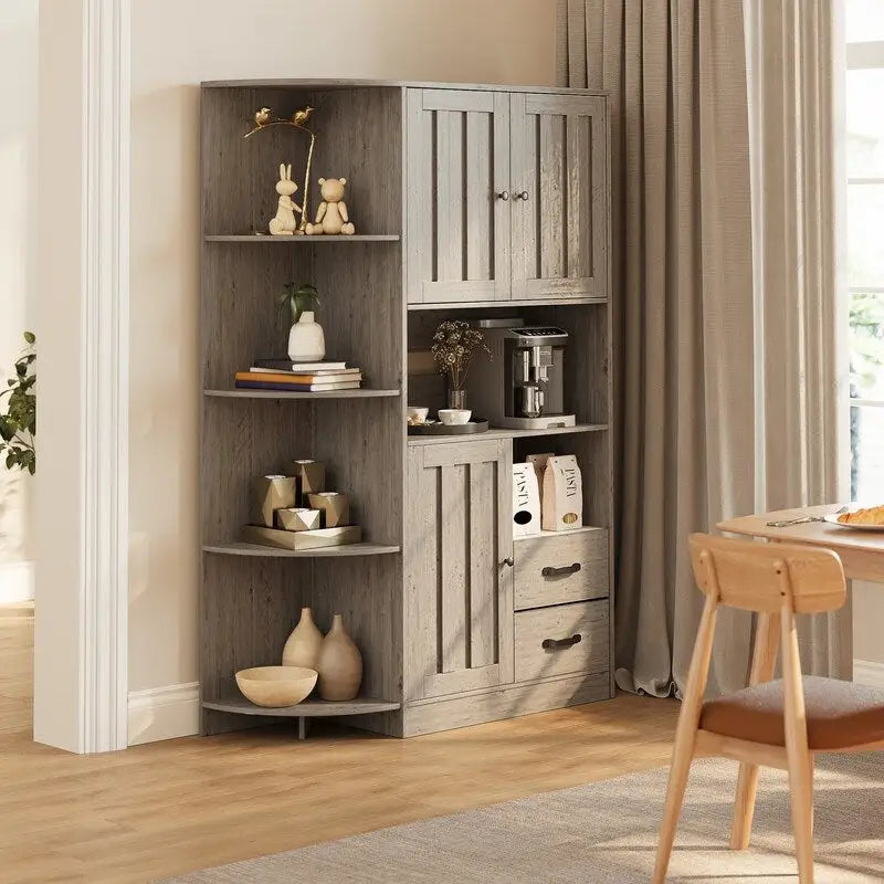 Farmhouse Kitchen Storage Cabinet with Open Shelves Microwave Counter Cabinets and Drawers