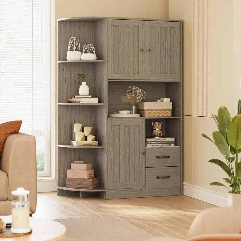 Farmhouse Kitchen Storage Cabinet with Open Shelves Microwave Counter Cabinets and Drawers