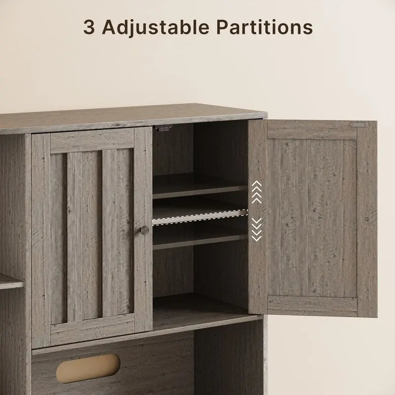 Farmhouse Kitchen Storage Cabinet with Open Shelves Microwave Counter Cabinets and Drawers
