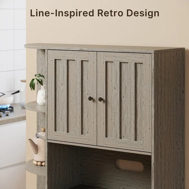 Farmhouse Kitchen Storage Cabinet with Open Shelves Microwave Counter Cabinets and Drawers