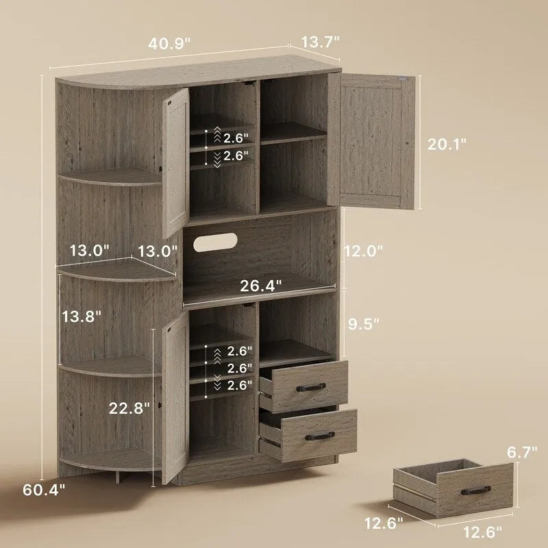 Farmhouse Kitchen Storage Cabinet with Open Shelves Microwave Counter Cabinets and Drawers