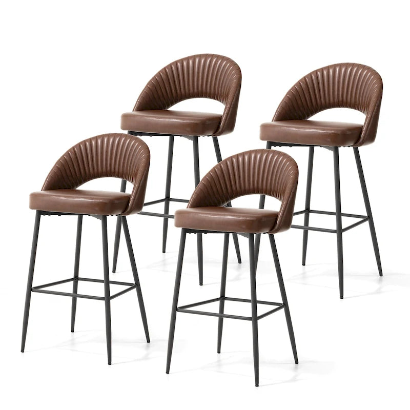 Modern Quilted Faux Leather Bar Stool with Tapered Steel Legs and Footrest