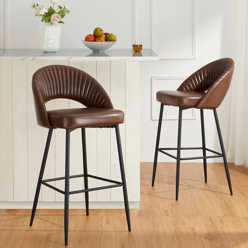 Modern Quilted Faux Leather Bar Stool with Tapered Steel Legs and Footrest