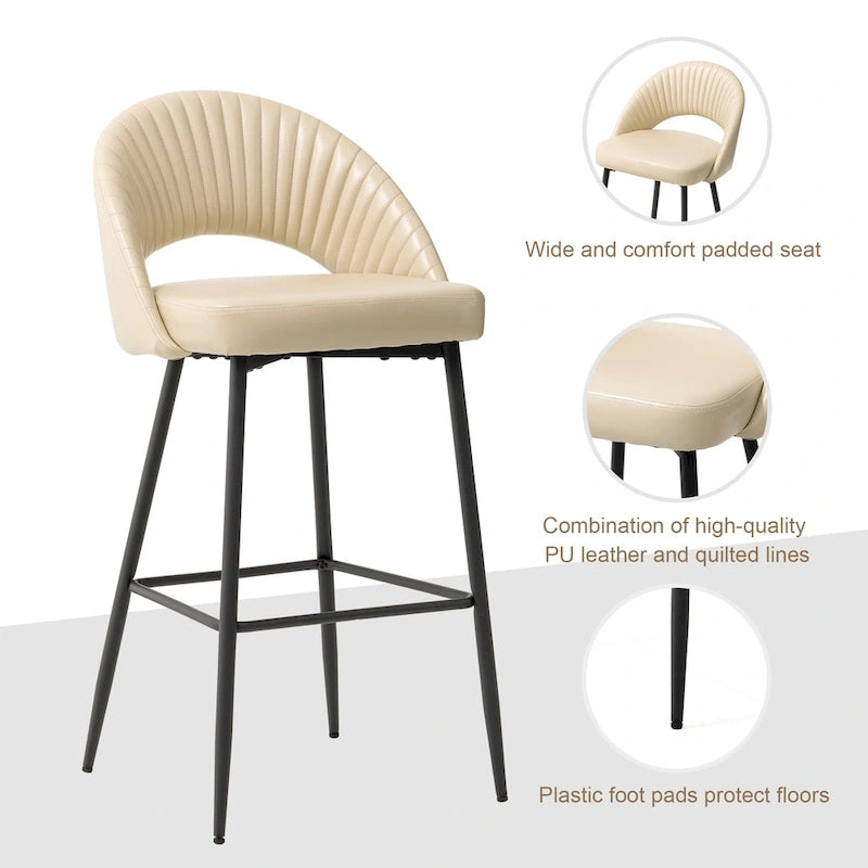 Modern Quilted Faux Leather Bar Stool with Tapered Steel Legs and Footrest