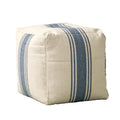 16 Inch Square Striped Cotton Canvas Pouf in Blue and Natural for Seating or Footrest