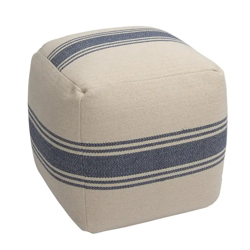16 Inch Square Striped Cotton Canvas Pouf in Blue and Natural for Seating or Footrest