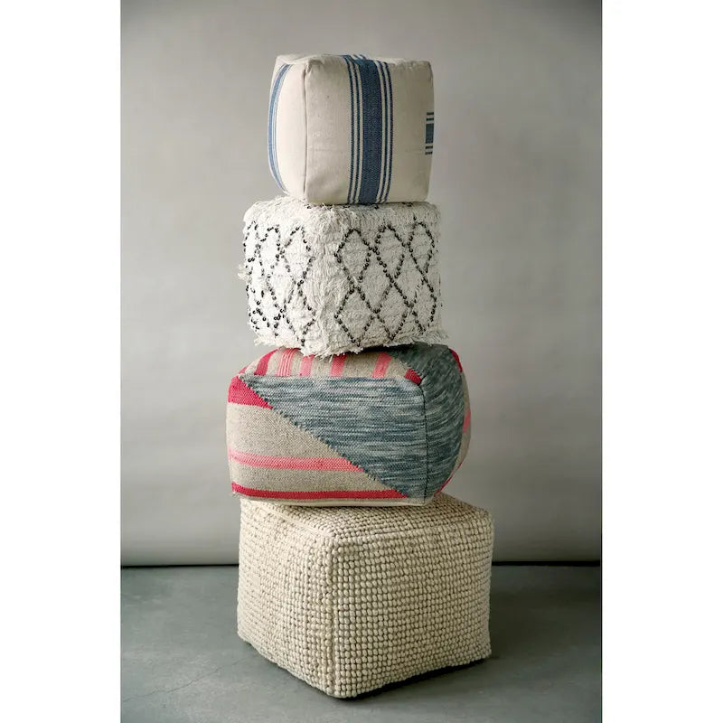 16 Inch Square Striped Cotton Canvas Pouf in Blue and Natural for Seating or Footrest