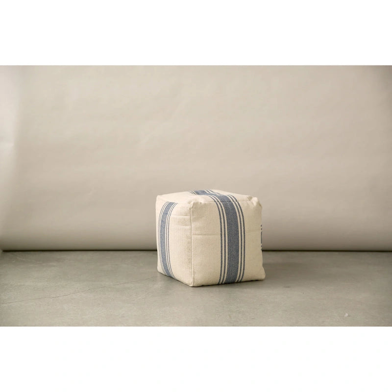 16 Inch Square Striped Cotton Canvas Pouf in Blue and Natural for Seating or Footrest
