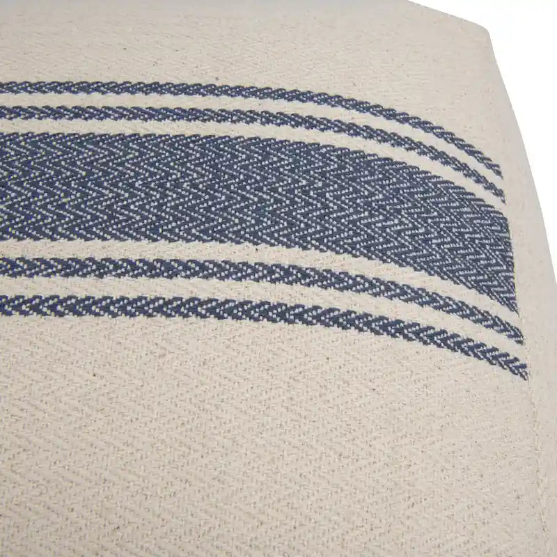16 Inch Square Striped Cotton Canvas Pouf in Blue and Natural for Seating or Footrest