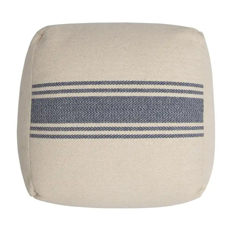 16 Inch Square Striped Cotton Canvas Pouf in Blue and Natural for Seating or Footrest