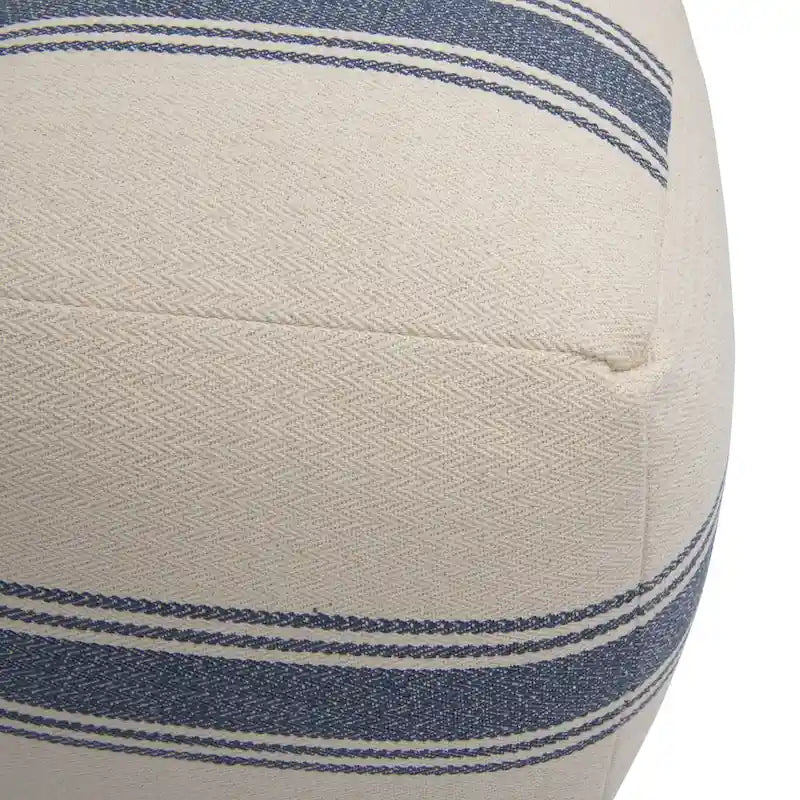 16 Inch Square Striped Cotton Canvas Pouf in Blue and Natural for Seating or Footrest