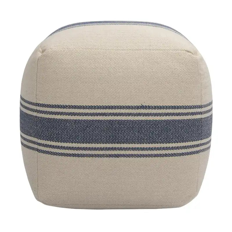 16 Inch Square Striped Cotton Canvas Pouf in Blue and Natural for Seating or Footrest
