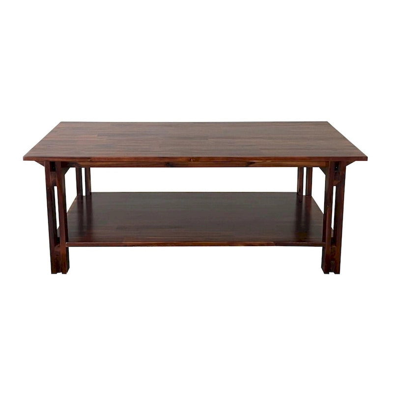 Solid Acacia Wood Rectangular Coffee Table with Bottom Shelf in Mahogany or Natural Finish