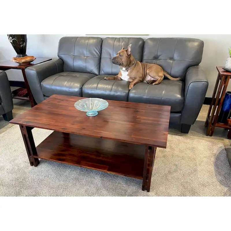 Solid Acacia Wood Rectangular Coffee Table with Bottom Shelf in Mahogany or Natural Finish
