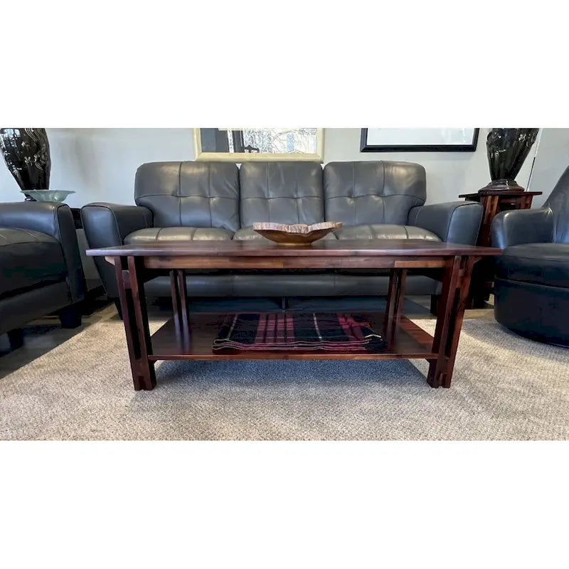 Solid Acacia Wood Rectangular Coffee Table with Bottom Shelf in Mahogany or Natural Finish