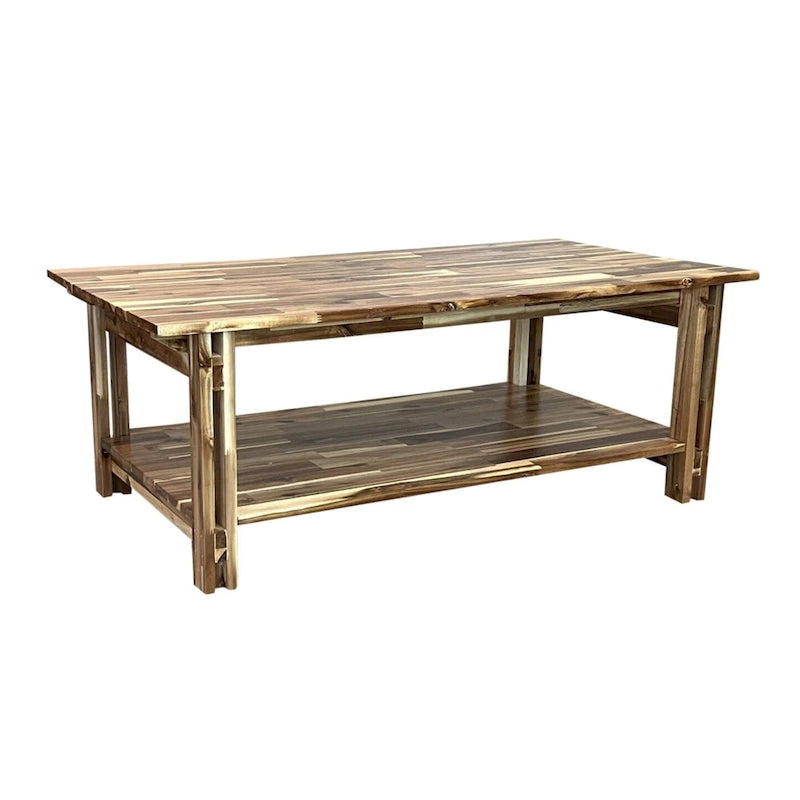 Solid Acacia Wood Rectangular Coffee Table with Bottom Shelf in Mahogany or Natural Finish