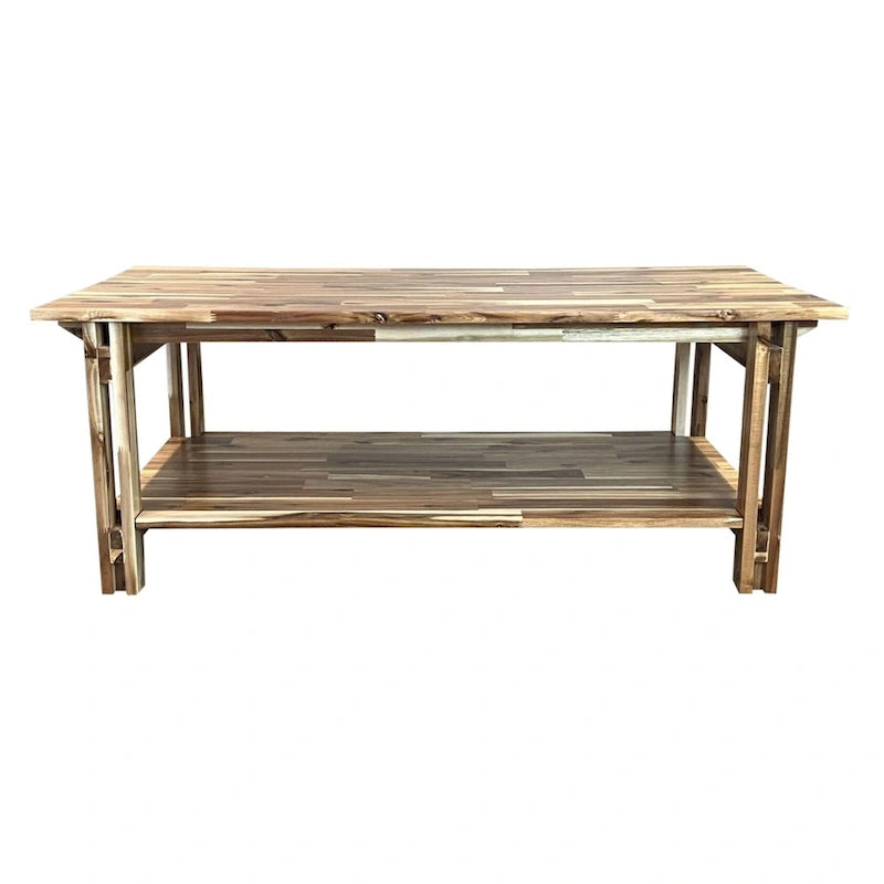 Solid Acacia Wood Rectangular Coffee Table with Bottom Shelf in Mahogany or Natural Finish