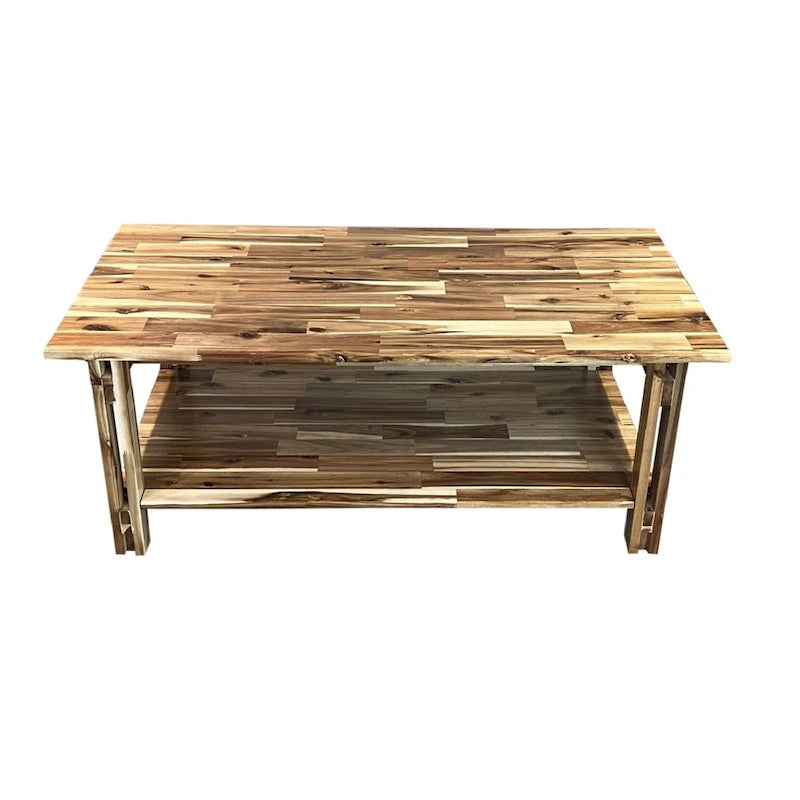 Solid Acacia Wood Rectangular Coffee Table with Bottom Shelf in Mahogany or Natural Finish