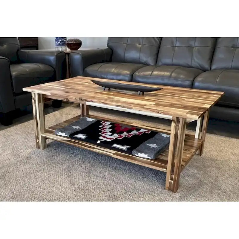 Solid Acacia Wood Rectangular Coffee Table with Bottom Shelf in Mahogany or Natural Finish