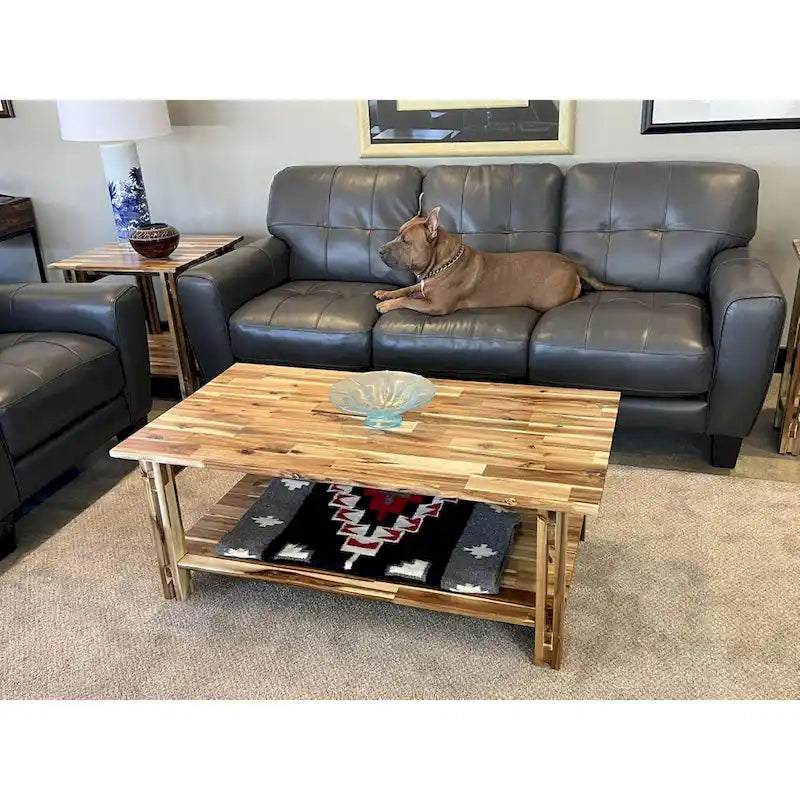 Solid Acacia Wood Rectangular Coffee Table with Bottom Shelf in Mahogany or Natural Finish
