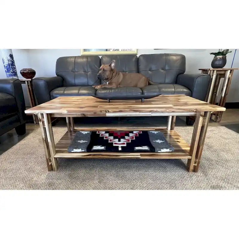 Solid Acacia Wood Rectangular Coffee Table with Bottom Shelf in Mahogany or Natural Finish