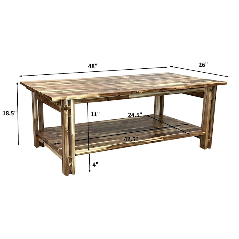 Solid Acacia Wood Rectangular Coffee Table with Bottom Shelf in Mahogany or Natural Finish
