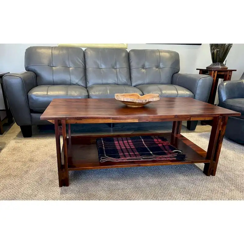 Solid Acacia Wood Rectangular Coffee Table with Bottom Shelf in Mahogany or Natural Finish