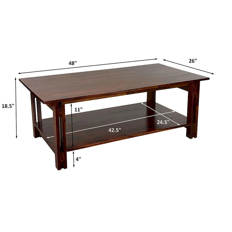 Solid Acacia Wood Rectangular Coffee Table with Bottom Shelf in Mahogany or Natural Finish