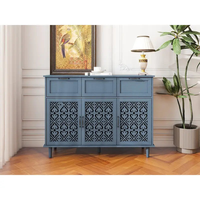 3-Door 3-Drawer Accent Cabinet with Carved Floral Panel Doors and Black Handles