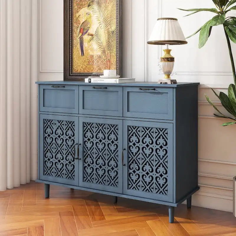 3-Door 3-Drawer Accent Cabinet with Carved Floral Panel Doors and Black Handles