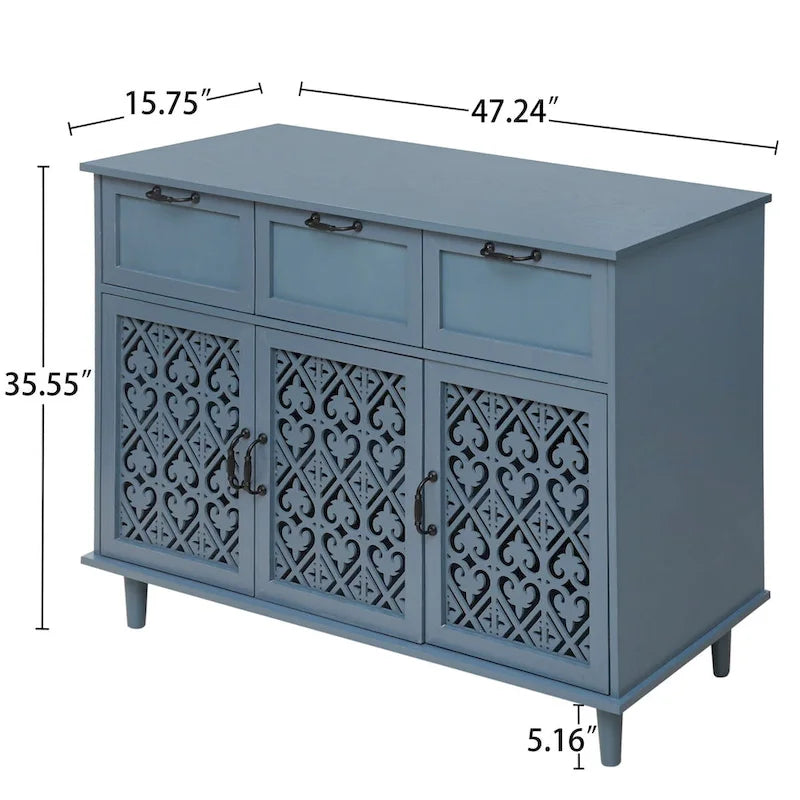 3-Door 3-Drawer Accent Cabinet with Carved Floral Panel Doors and Black Handles