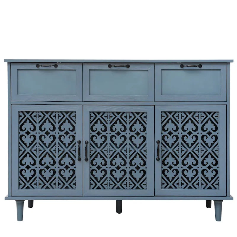 3-Door 3-Drawer Accent Cabinet with Carved Floral Panel Doors and Black Handles